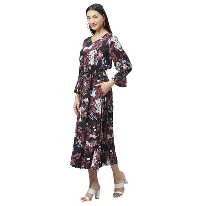 Women's Multicolor Rayon Printed 3/4 Sleeve V Neck Casual Dress