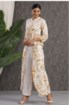 Women's Mustard Rayon Printed Peplum Top Palazzo Set