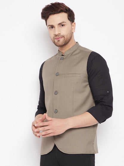 Men's Beige Color Woven Nehru Jacket