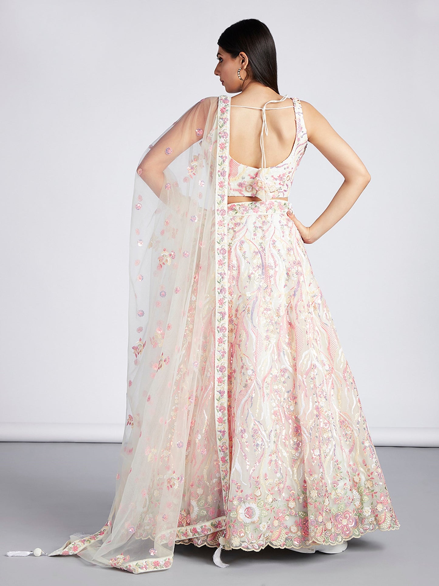 Women's Cream Net Sequins And Thread Embroidery Lehenga Choli & Dupatta