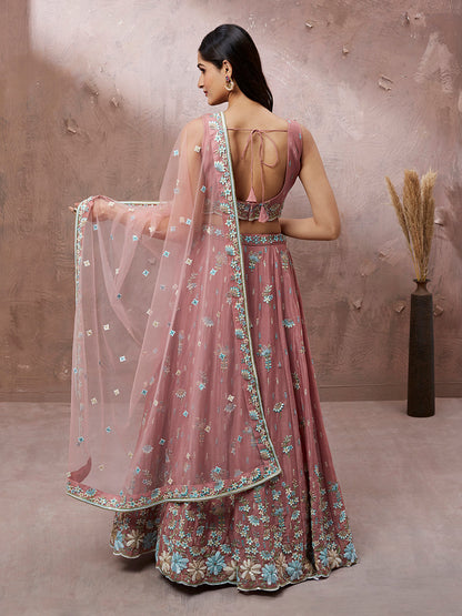 Women's Coral Georgette Sequins With Heavy Zarkan Embroidery Ready To Wear  Lehenga Choli & Dupatta