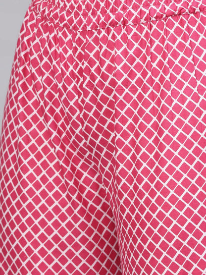 Women's Pink Cotton Printed Half Sleeve Round Neck Casual Kurta Palazzo Set
