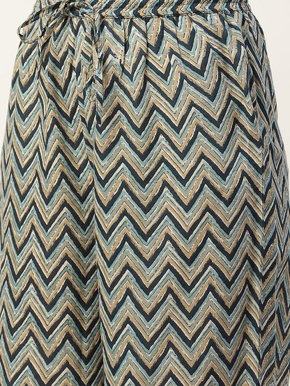Women's Navy Blue & White Ethnic Motifs Hand Printed Cotton Kurta with Palazzos