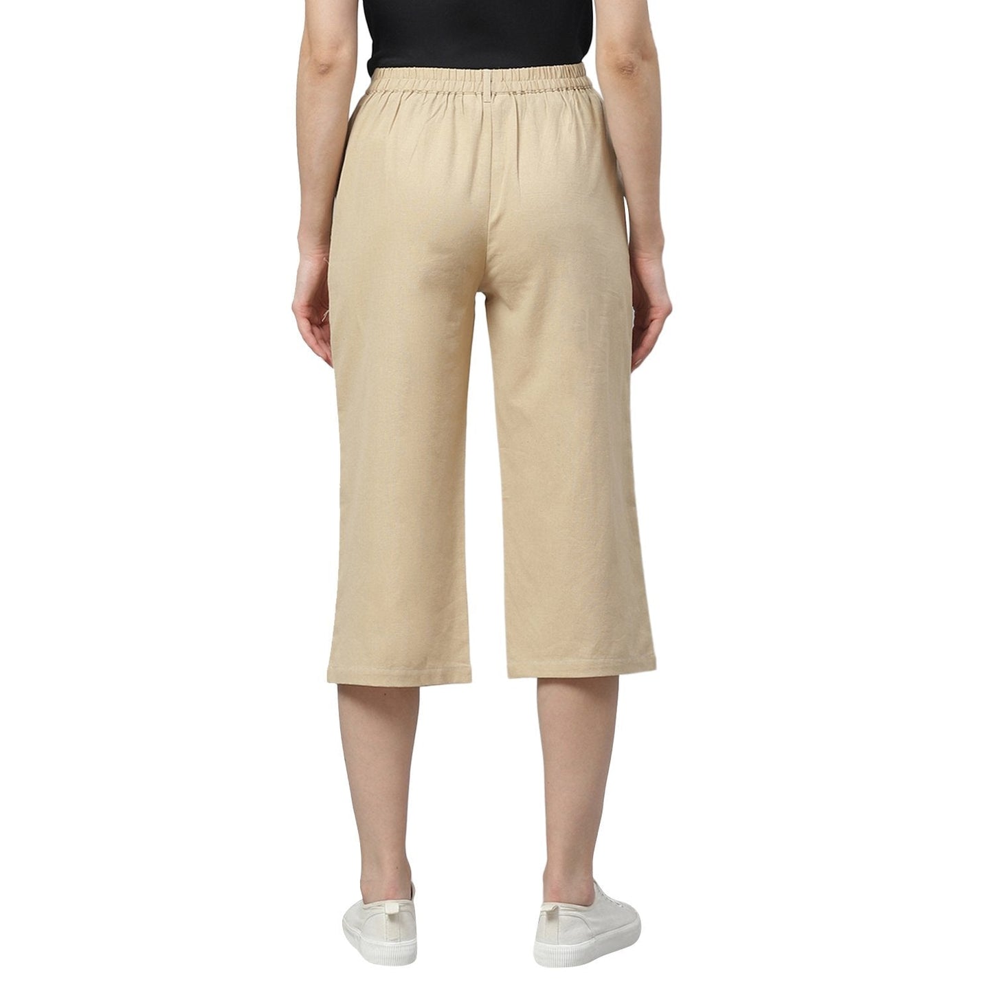 Women's Off White Cotton Solid Casual Trouser
