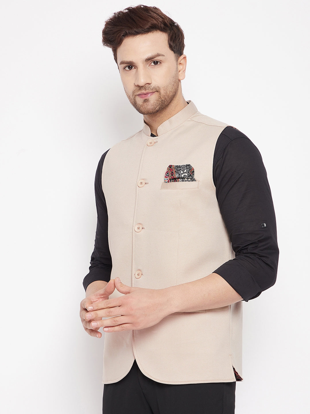 Men's Cream Color Woven Nehru Jacket