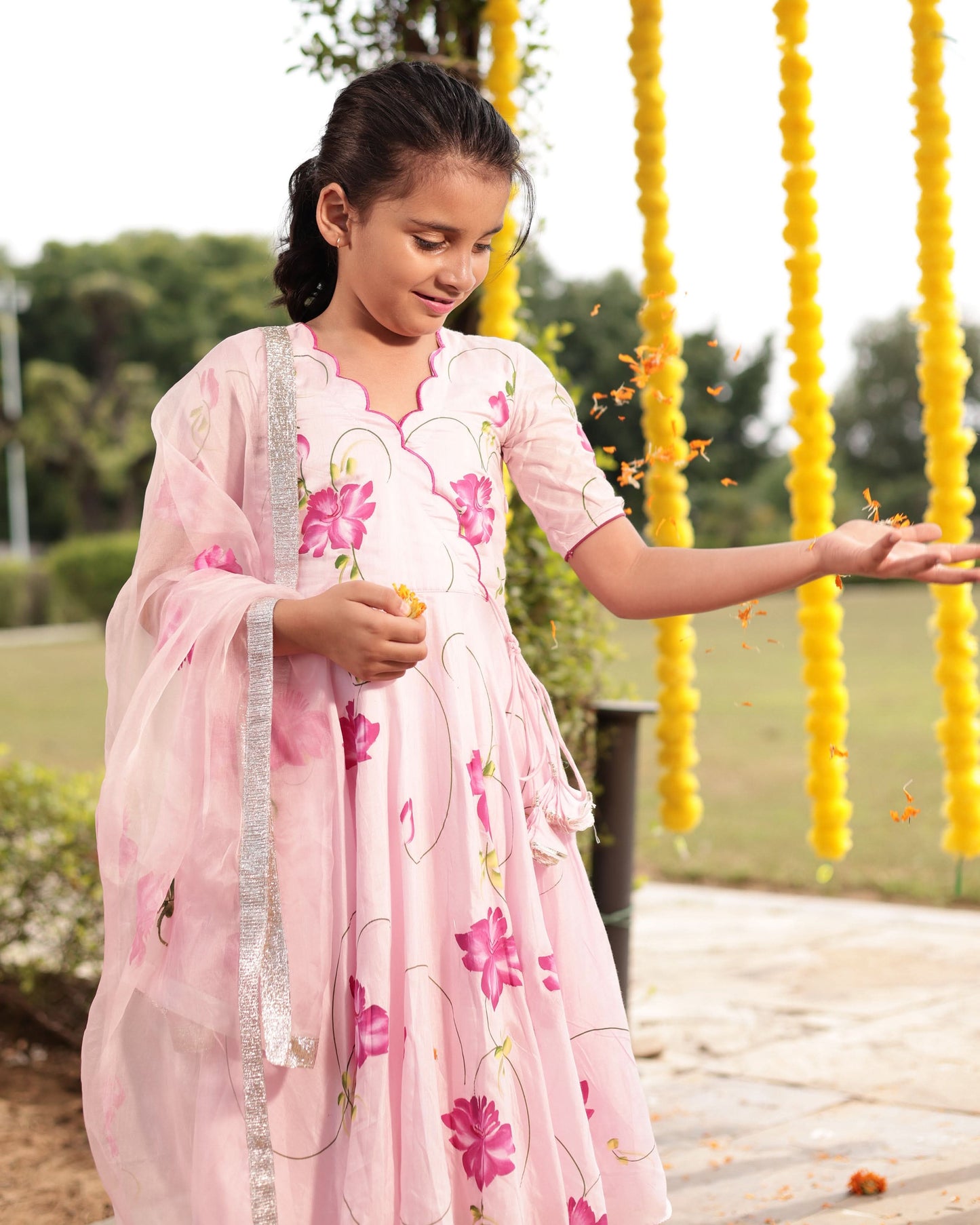 Girl's Dandelion Pink Muslin Silk Handcrafted Suit Set