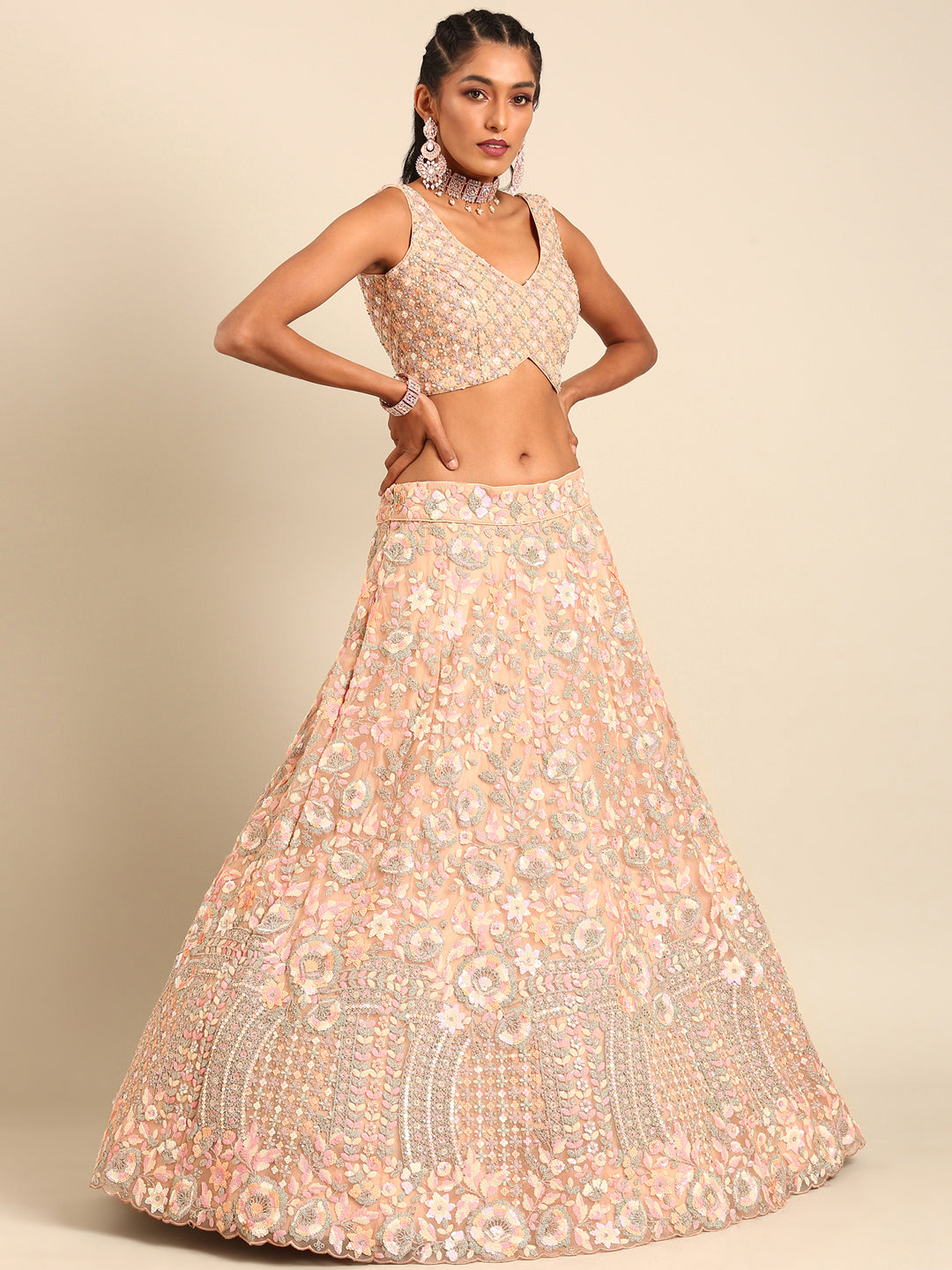 Women 's Peach Net Multi Sequins with heavy Zarkan embroidery Ready to Wear Lehenga choli & Dupatta