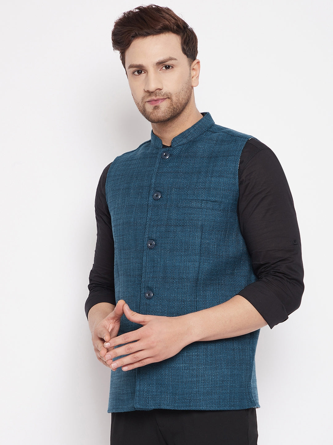 Men's Blue Color Woven Nehru Jacket