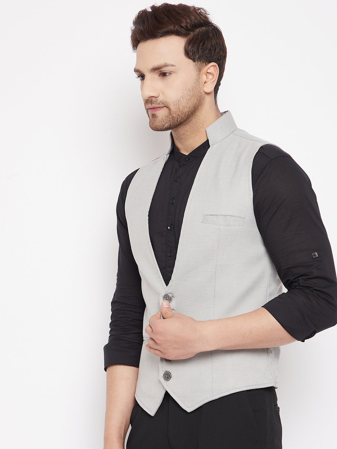 Men's Grey Color Woven Nehru Jacket