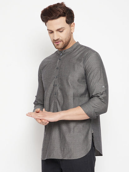 Men's Grey Color Short Kurta with Band Collar
