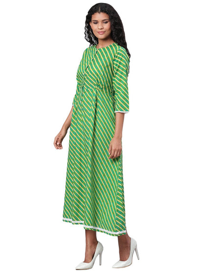 Women's Green Printed 3/4 Sleeve Cotton Round Neck Casual Dress
