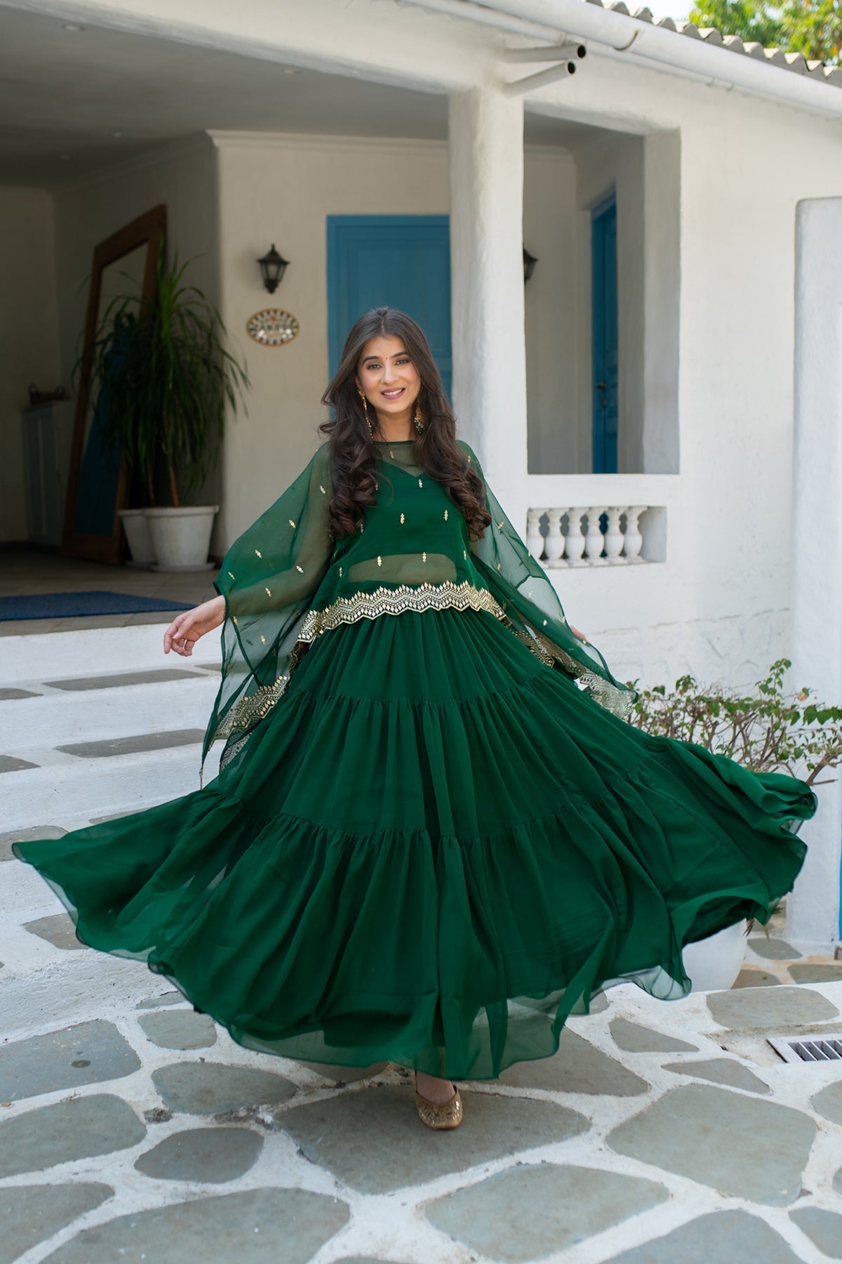Women's Bottle Green Cape Lehenga Choli