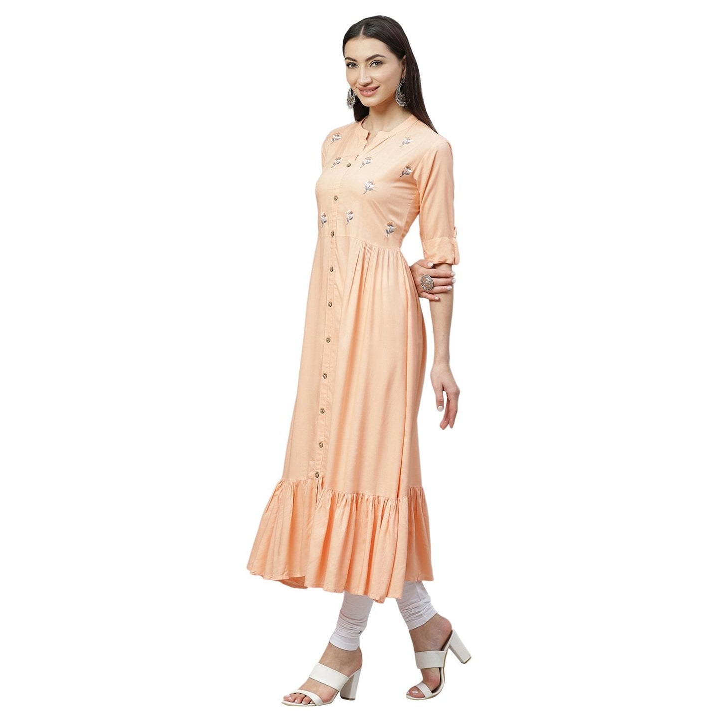 Women's Peach Rayon Embroidered 3/4 Sleeve Collar Casual Kurta Only
