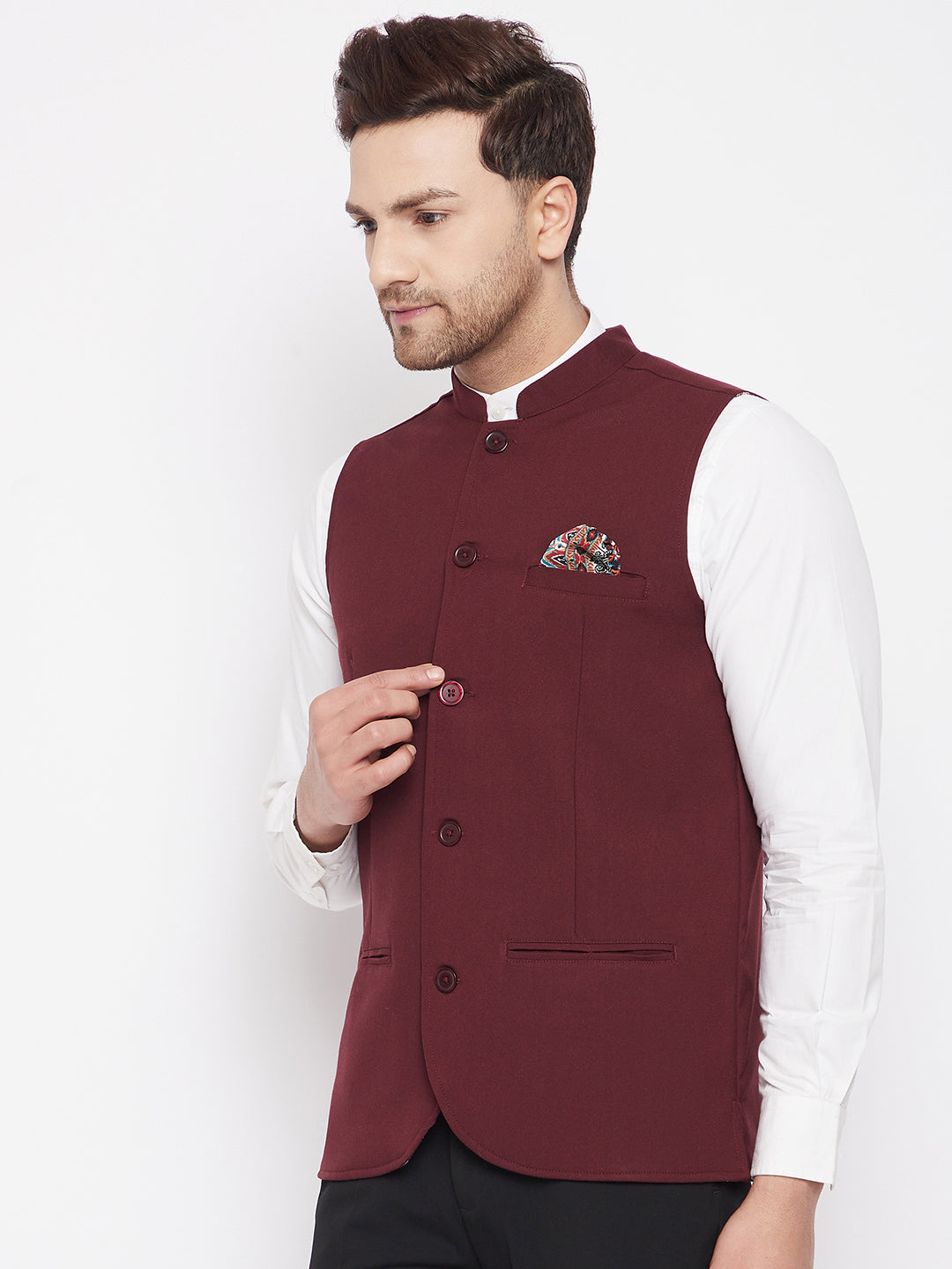 Men's Maroon Color Nehru Jacket-Contrast Lining-Inbuilt Pocket Square