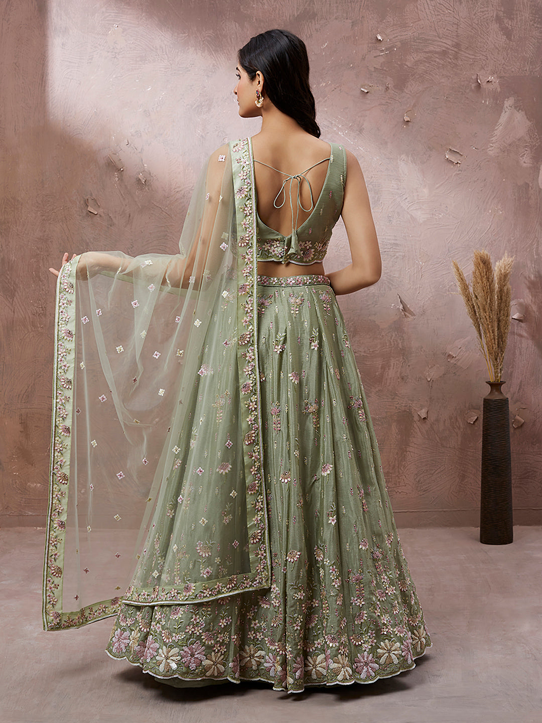 Women's Lime Green Georgette Sequins With Heavy Zarkan Embroidery Ready To Wear  Lehenga Choli & Dupatta