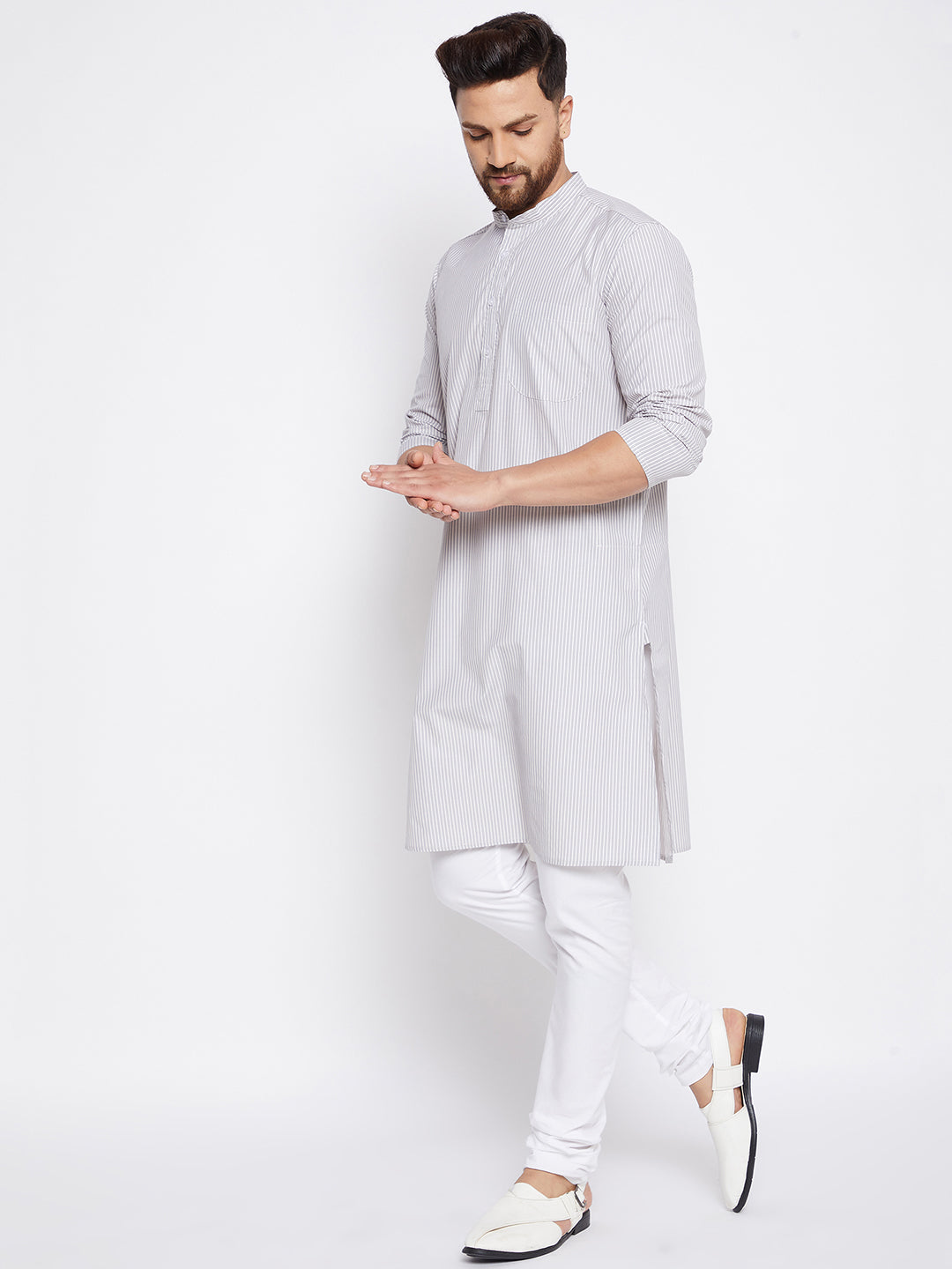 Men's Cotton Striped Grey Kurta
