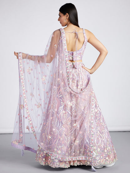 Women's Mauve Net Sequins And Thread Embroidery Lehenga Choli & Dupatta