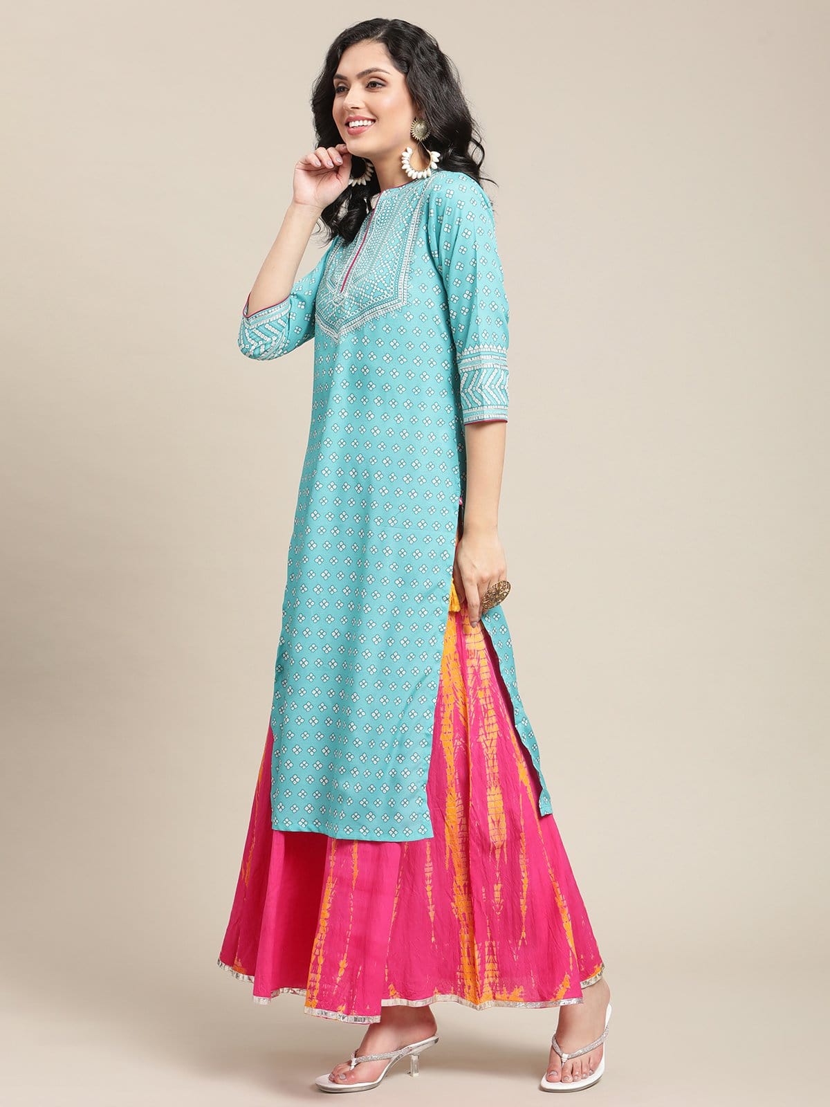 Women's Turquoise Bandhej Printed Kurta With Gota Embellished Yoke