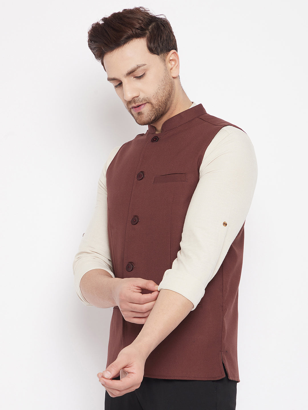 Men's Maroon Color Woven Nehru Jacket