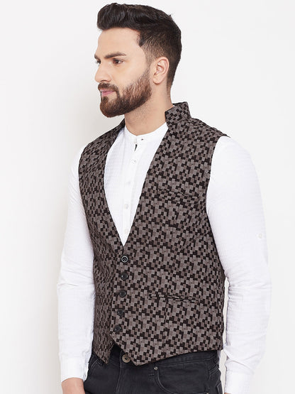Men's Printed Brown Cotton Waistcoat