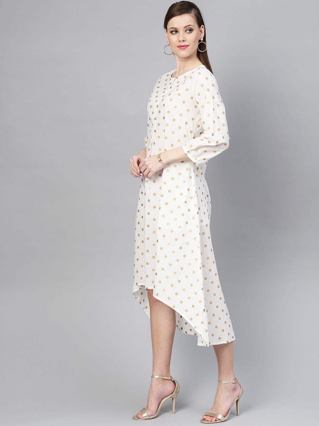 Women's White & Beige Polka Dots Printed A-Line Dress
