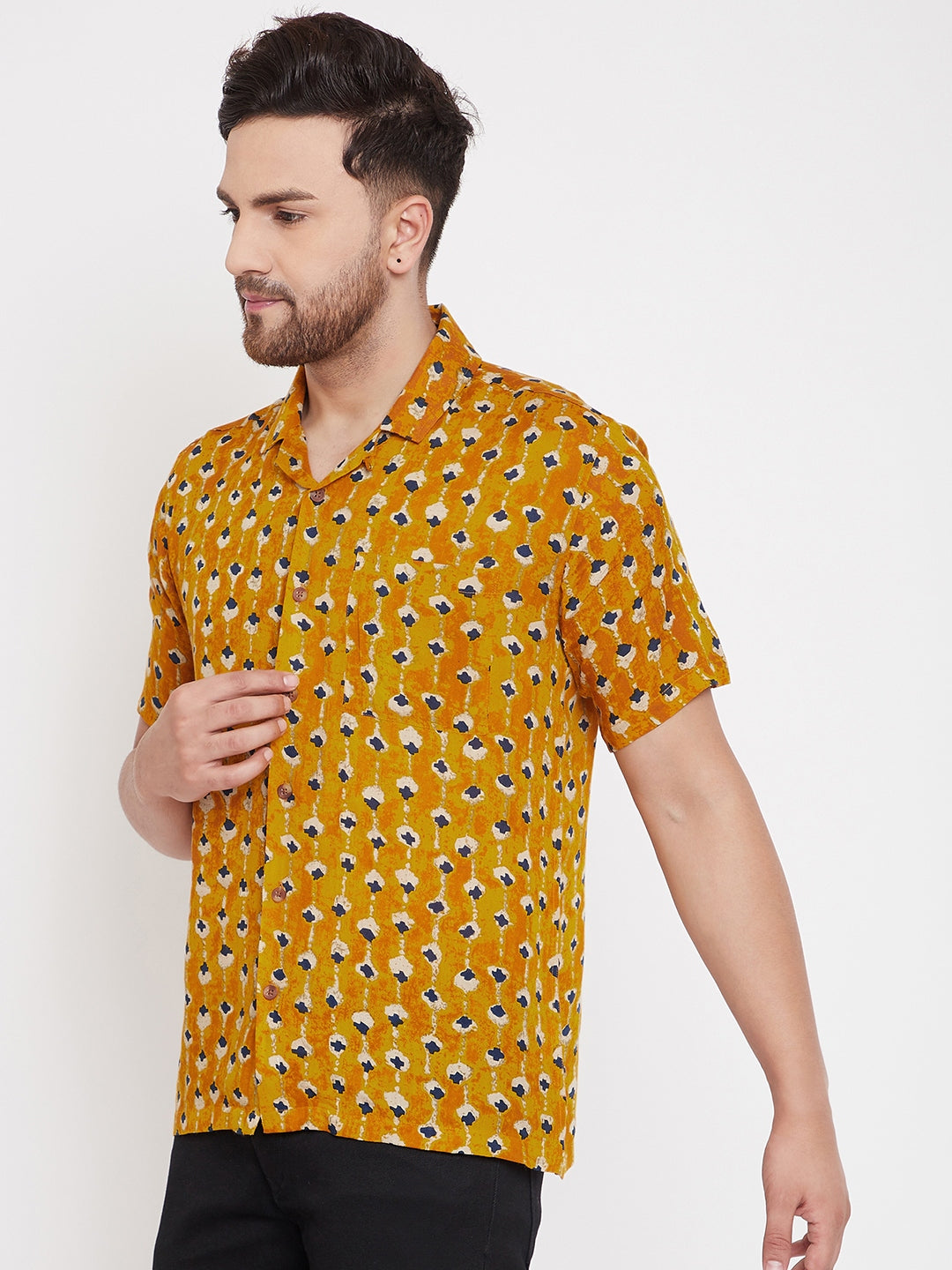 Men's Mustard Cuban Collar Shirt