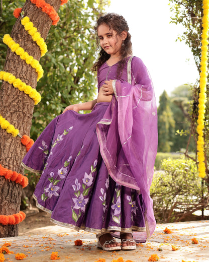 Girl's Berry Purple Handpainted Chanderi Lehenga Set
