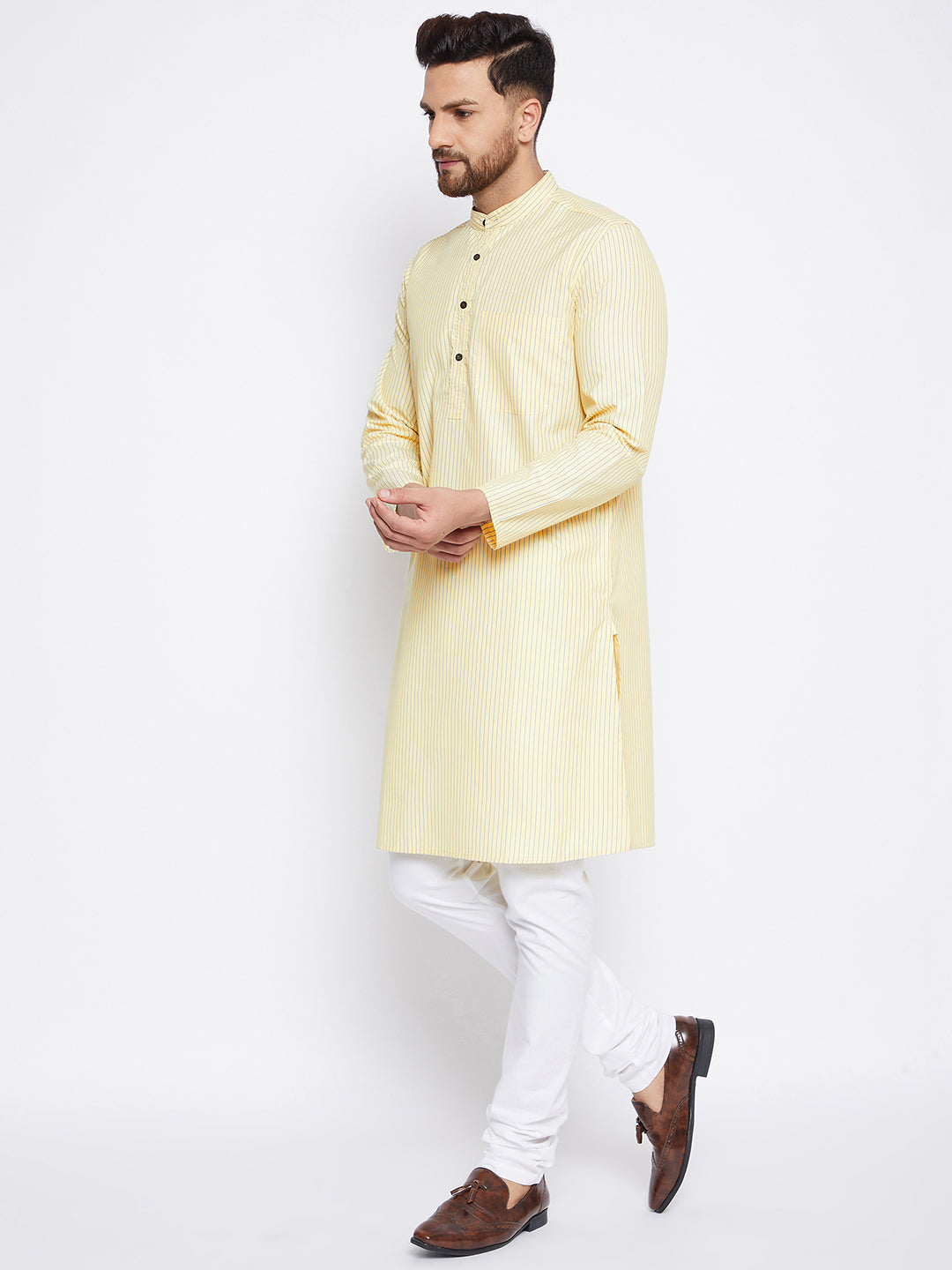 Men's Cotton Striped Yellow Kurta