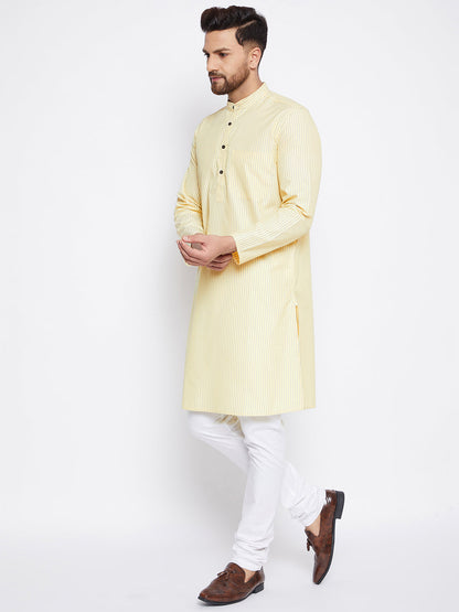 Men's Cotton Striped Yellow Kurta