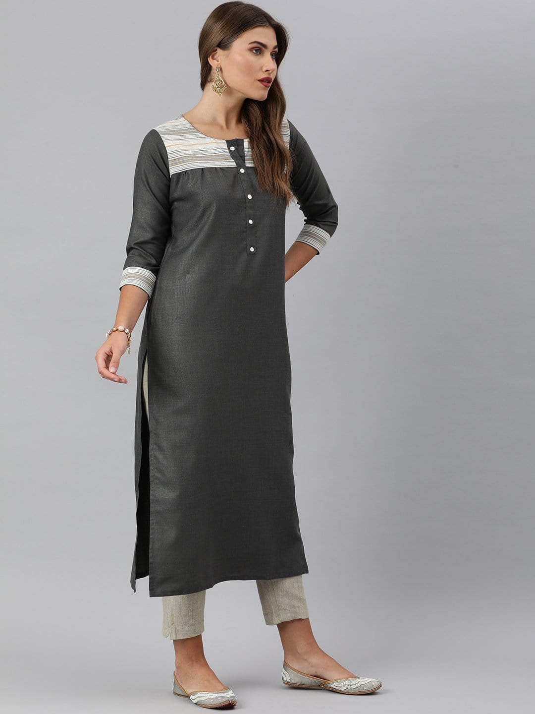 Women's KSUT Grey And Off White Straight Kurta With Stripe Woven Yoke And 3/4Th Sleeves