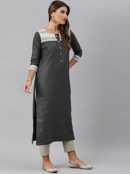 Women's KSUT Grey And Off White Straight Kurta With Stripe Woven Yoke And 3/4Th Sleeves