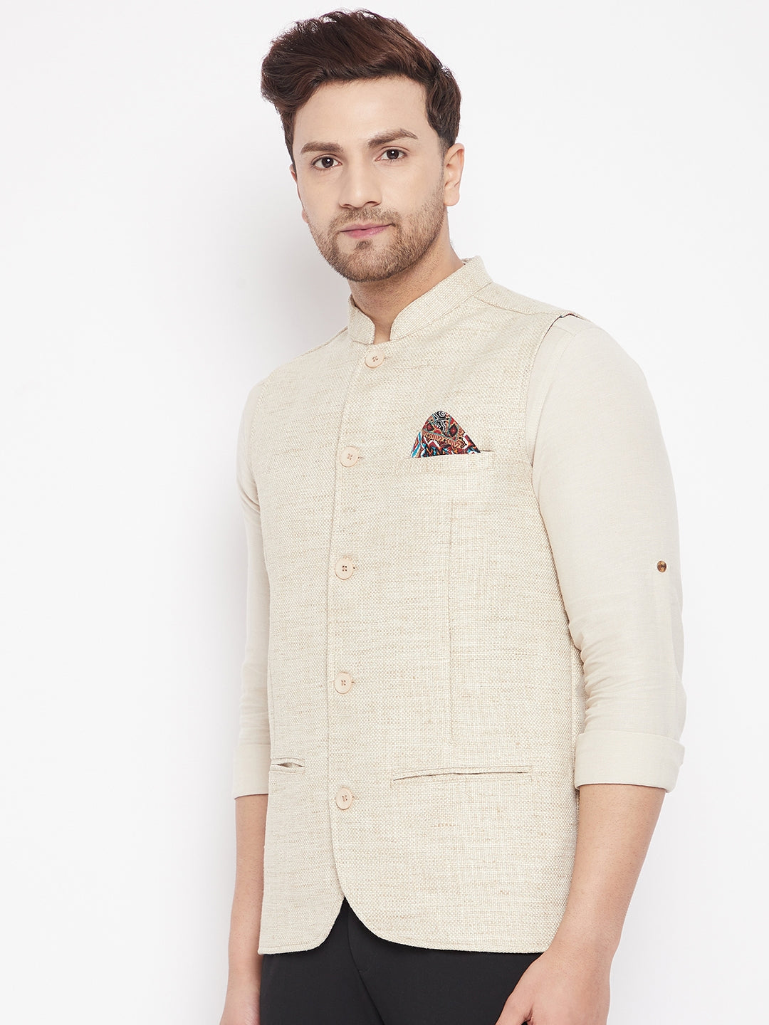 Men's Beige Color Woven Nehru Jacket