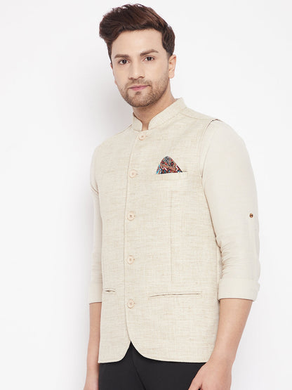 Men's Beige Color Woven Nehru Jacket