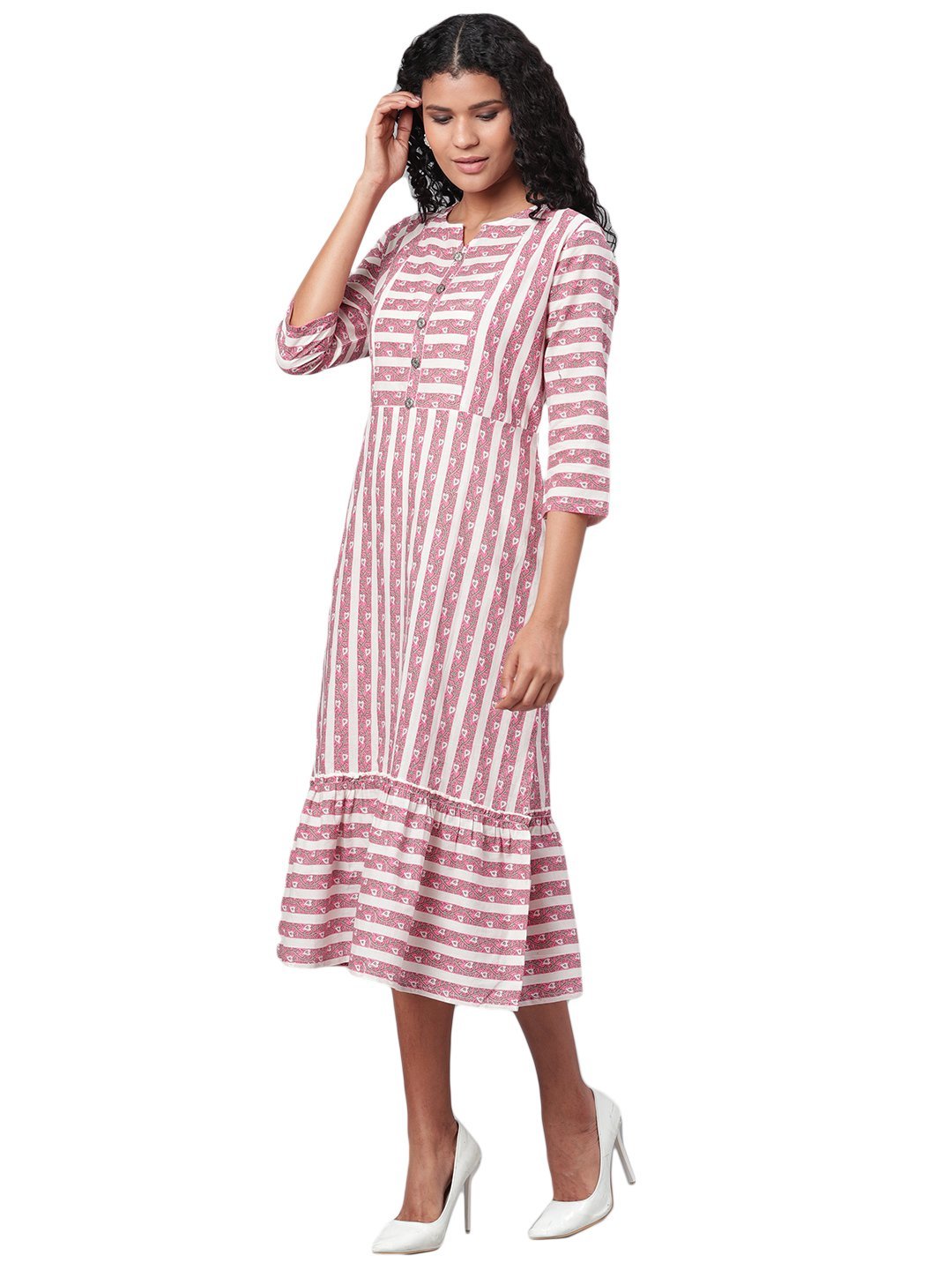 Women's Multi Printed 3/4 Sleeve Cotton Round Neck Casual Dress