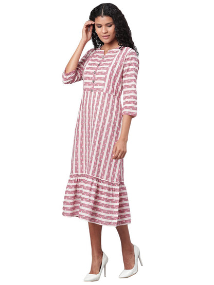 Women's Multi Printed 3/4 Sleeve Cotton Round Neck Casual Dress