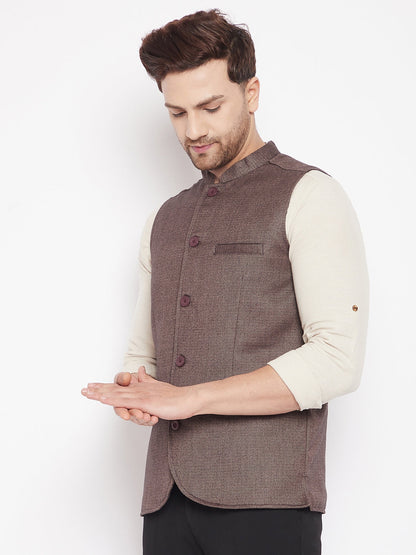 Men's Brown Color Woven Nehru Jacket