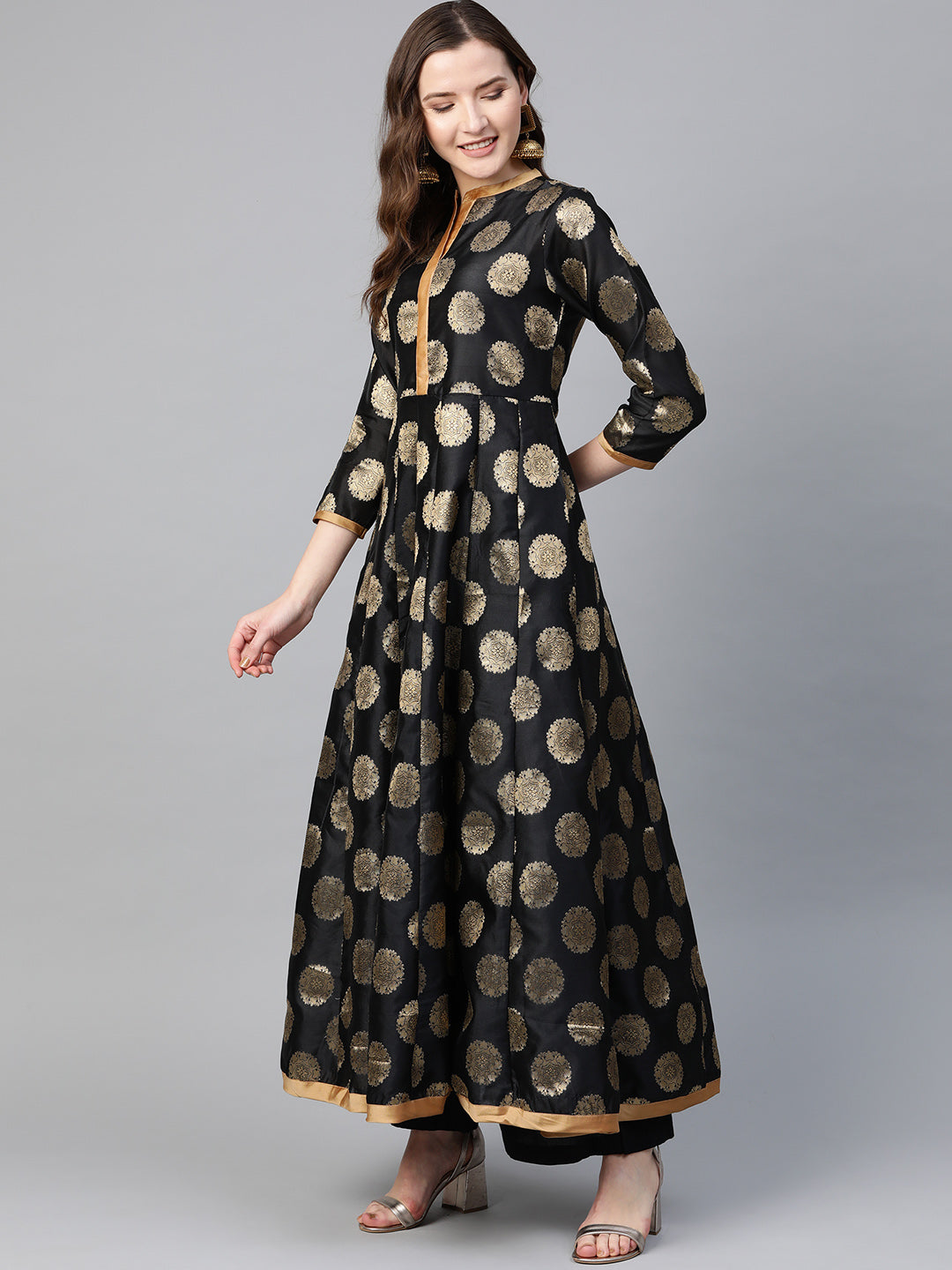 Women's Â Black And Golden Ethnic Motifs Printed Brocade Raw Silk Anarkali Kurta