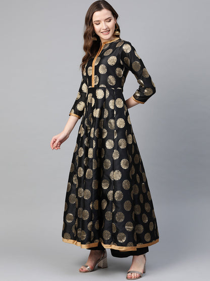 Women's Â Black And Golden Ethnic Motifs Printed Brocade Raw Silk Anarkali Kurta