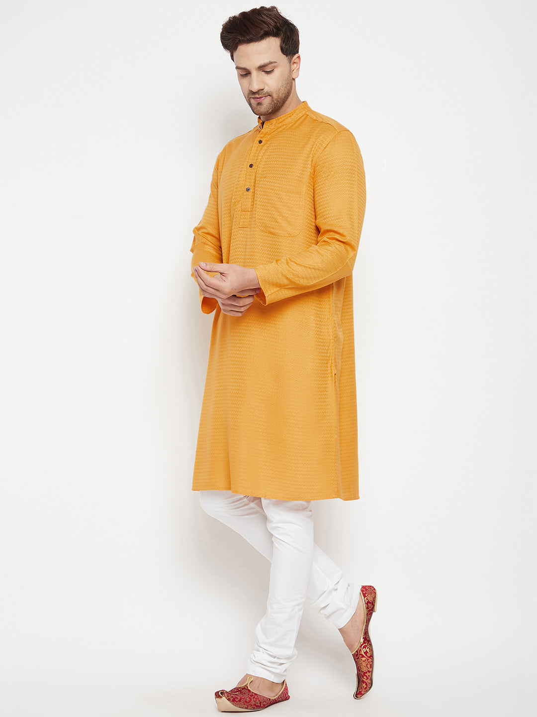 Men's Yellow Color Long Kurta with Band Collar