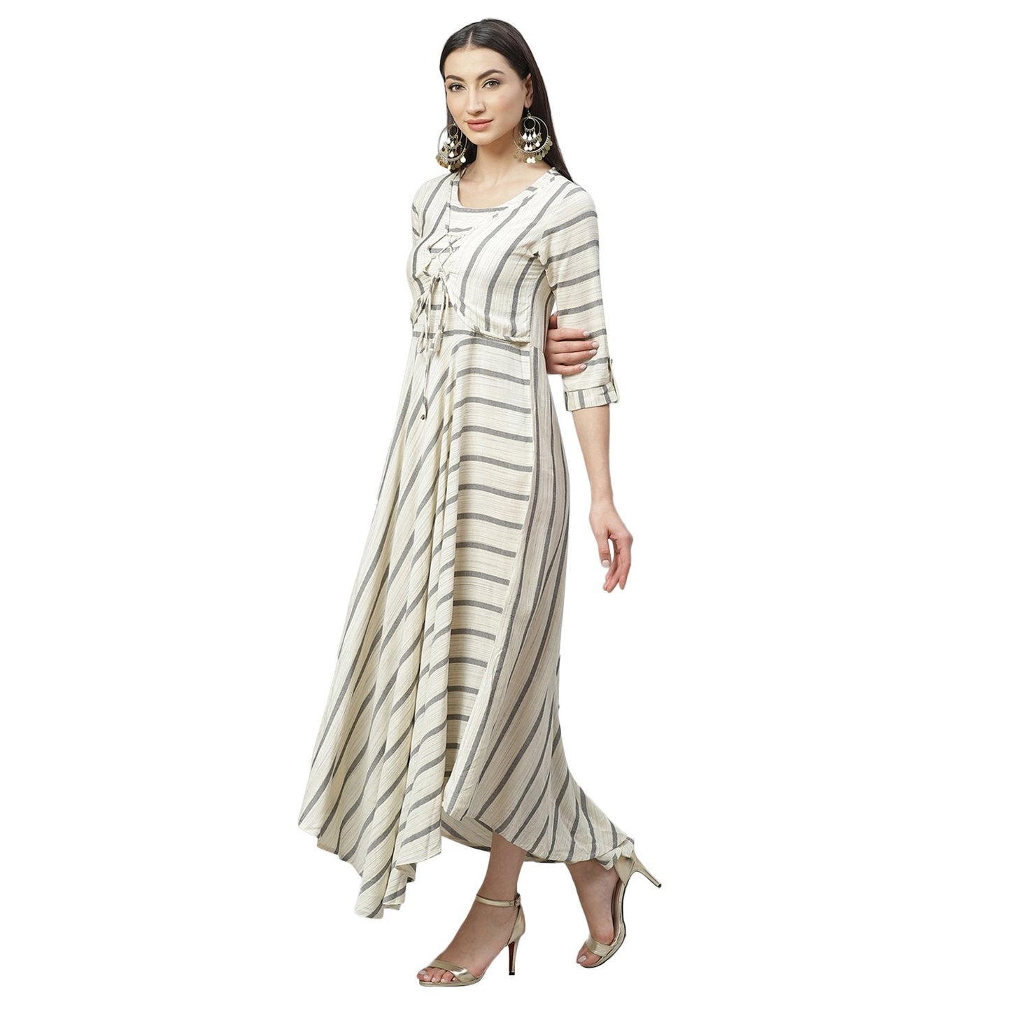 Women's Multicolor Rayon Printed 3/4 Sleeve Round Neck Casual Dress