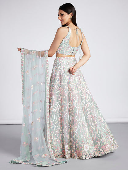 Women's Lime Green Net Sequins And Thread Embroidery Lehenga Choli & Dupatta
