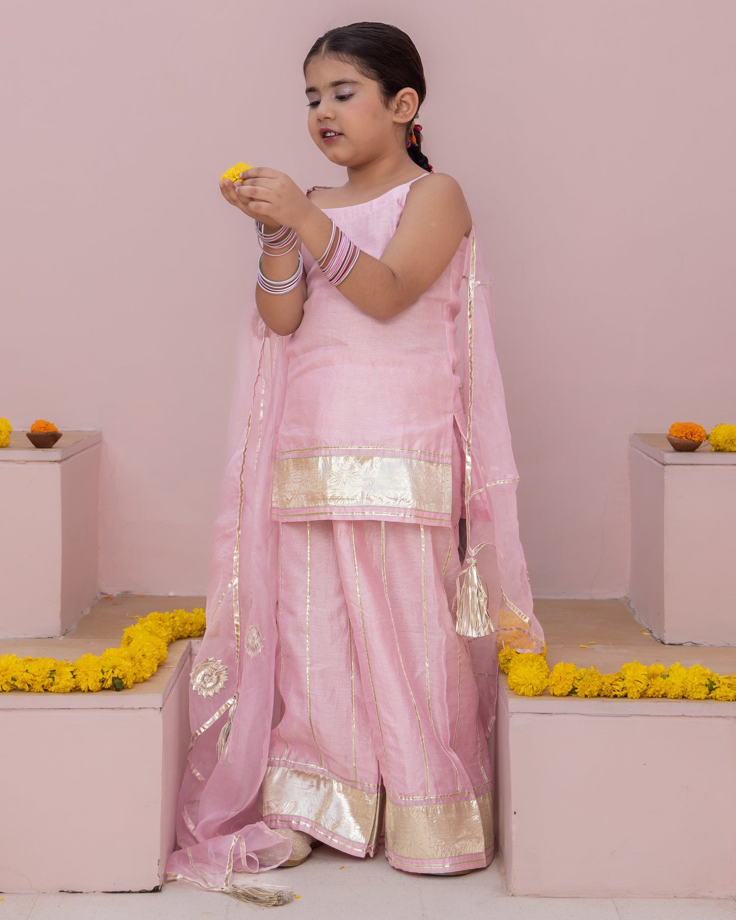Girl's Mini Pink Solid Chanderi Suit Set