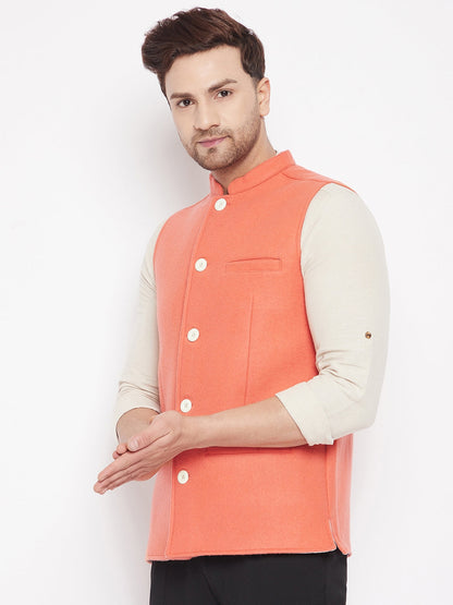 Men's Orange Color Woven Nehru Jacket