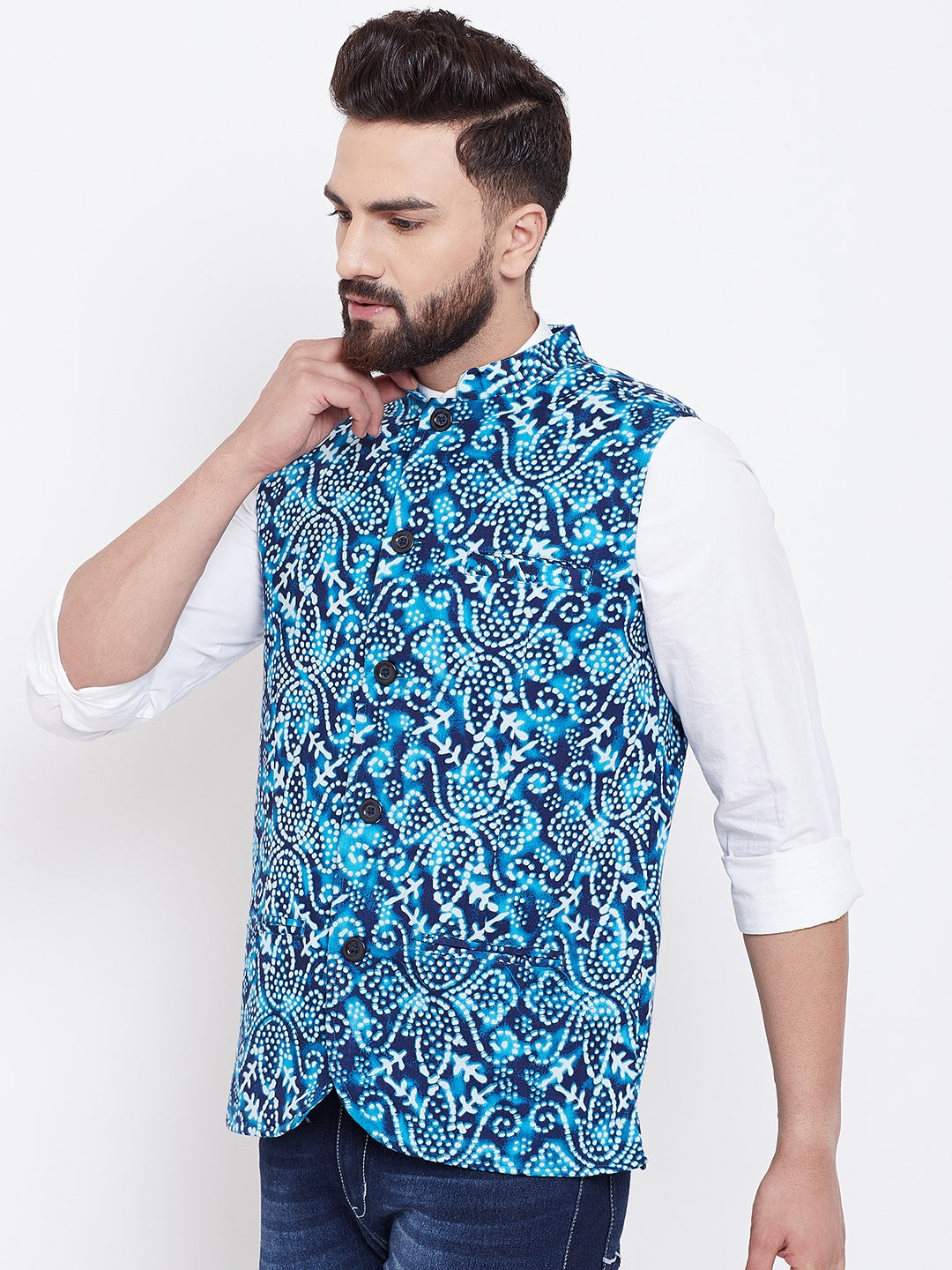 Men's Blue Printed Nehru Jacket