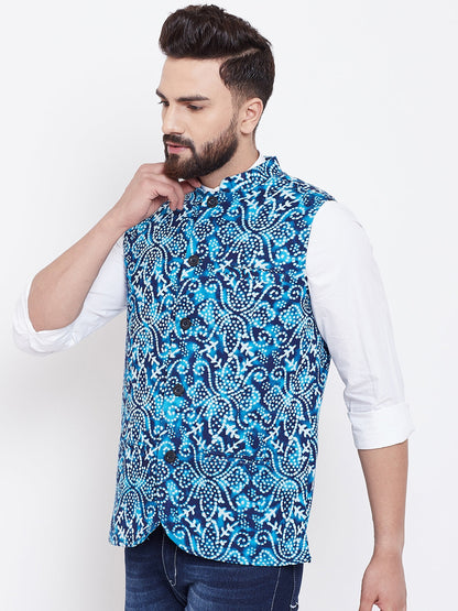 Men's Blue Printed Nehru Jacket