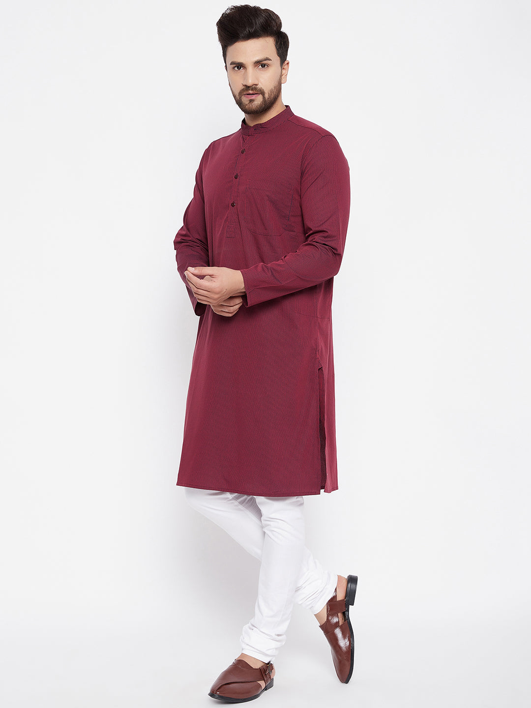 Men's Maroon Striped Straight Kurta