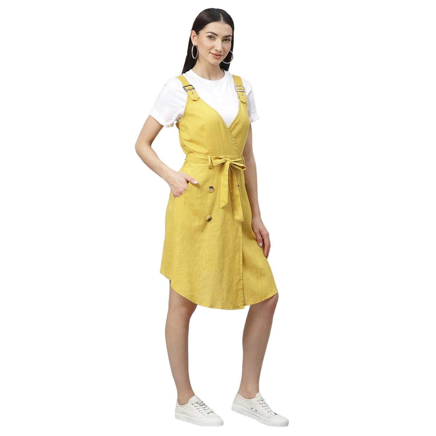 Women's Yellow Cotton Slub Solid Sleeveless Srep Neck Casual Dress