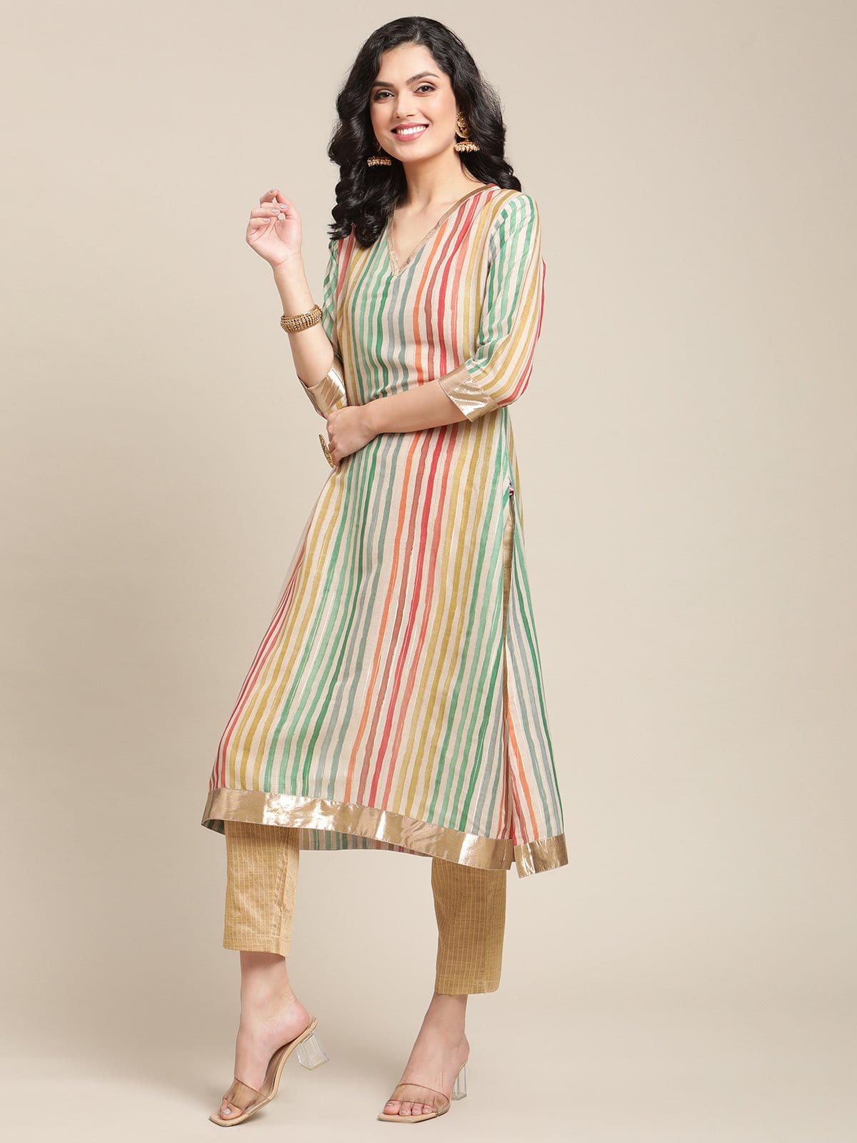Women's Multicolored Striped V Neck A-Line Kurta With Shimmer Taping