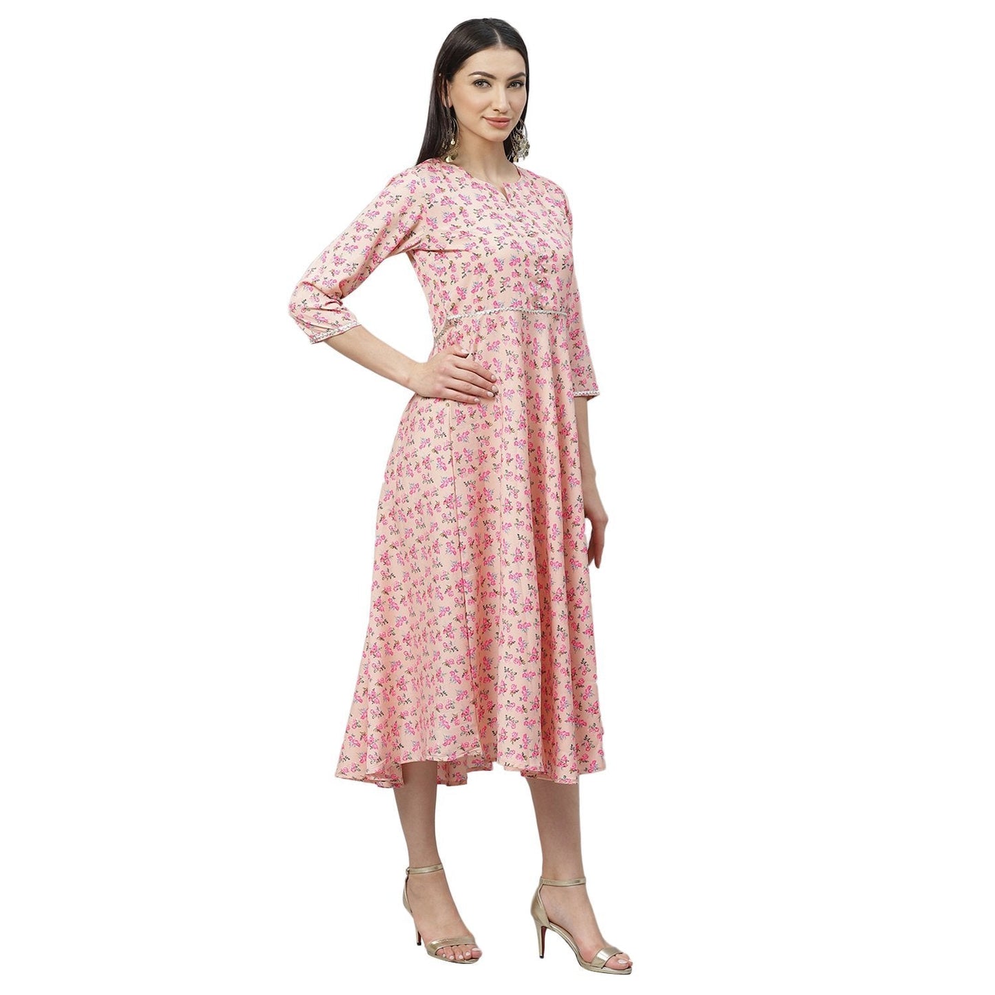 Women's Multicolor Polyster Printed 3/4 Sleeve Round Neck Casual Dress