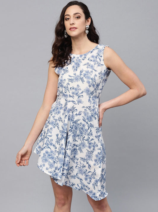 Women's Blue Polyester Printed Sleeveless Round Neck Dress